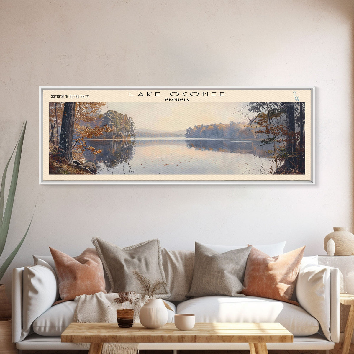 Lake Oconee Georgia Framed Canvas Print, Lake House Decor, Panoramic Wall Art, Travel Poster, Serene Landscape Painting, Living Room Decor