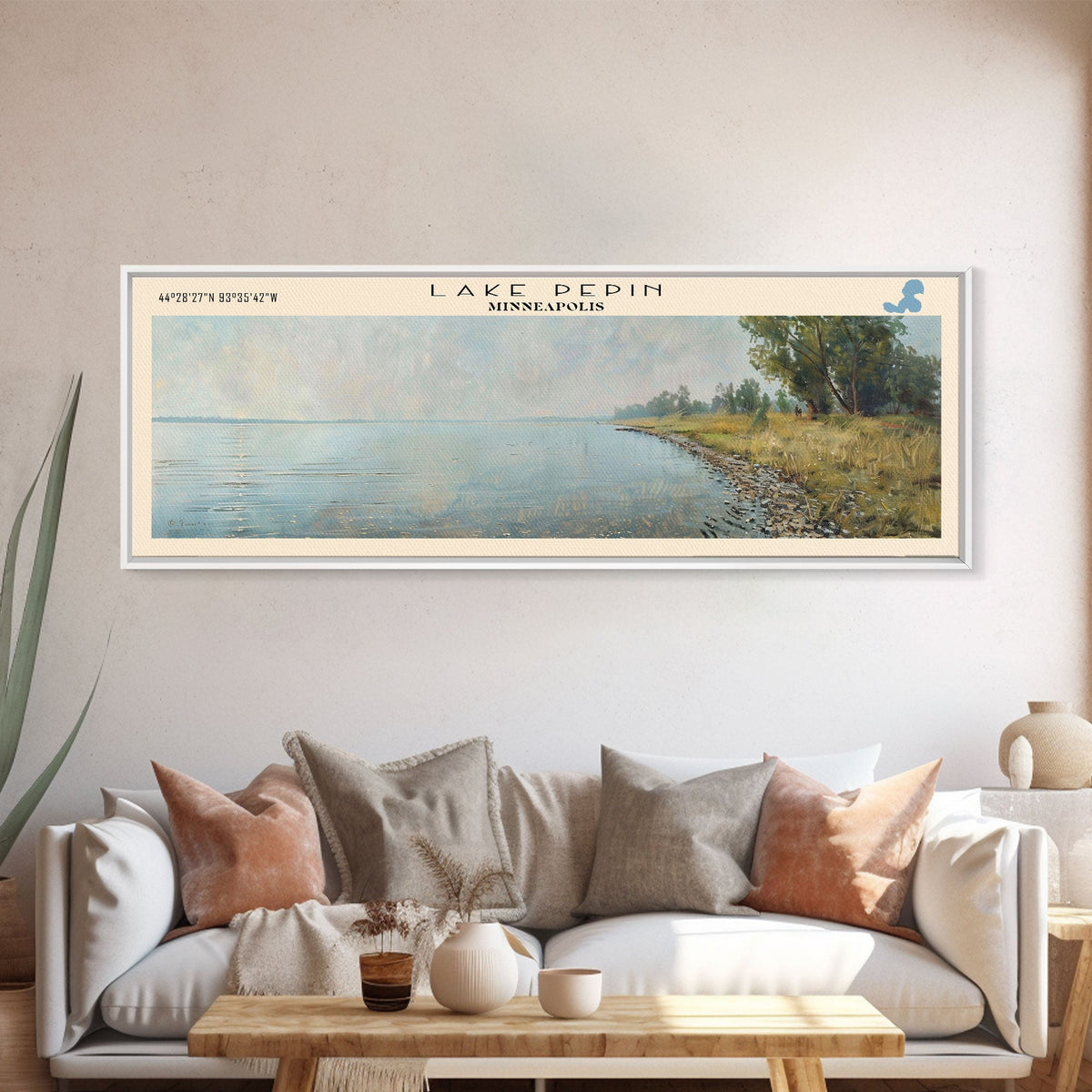 Lake Pepin Minneapolis Framed Canvas Print, Lake House Decor, Panoramic Wall Art, Travel Poster, Stunning Landscape Painting, Contemporary Art