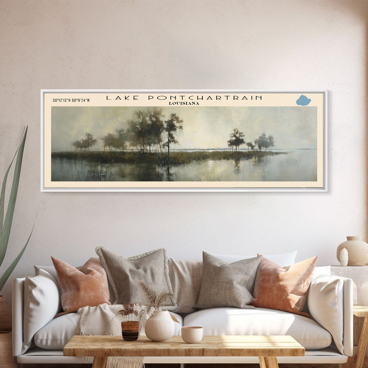Lake Pontchartrain Framed Canvas Print, Lake House Decor, Panoramic Wall Art, Travel Poster, Stunning Landscape Painting, Bedroom Decor