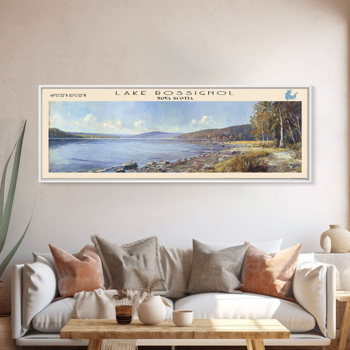 Lake Rossignol Framed Canvas Print, Lake House Decor, Panoramic Wall Art, Travel Poster, Stunning Landscape Painting, Contemporary Art