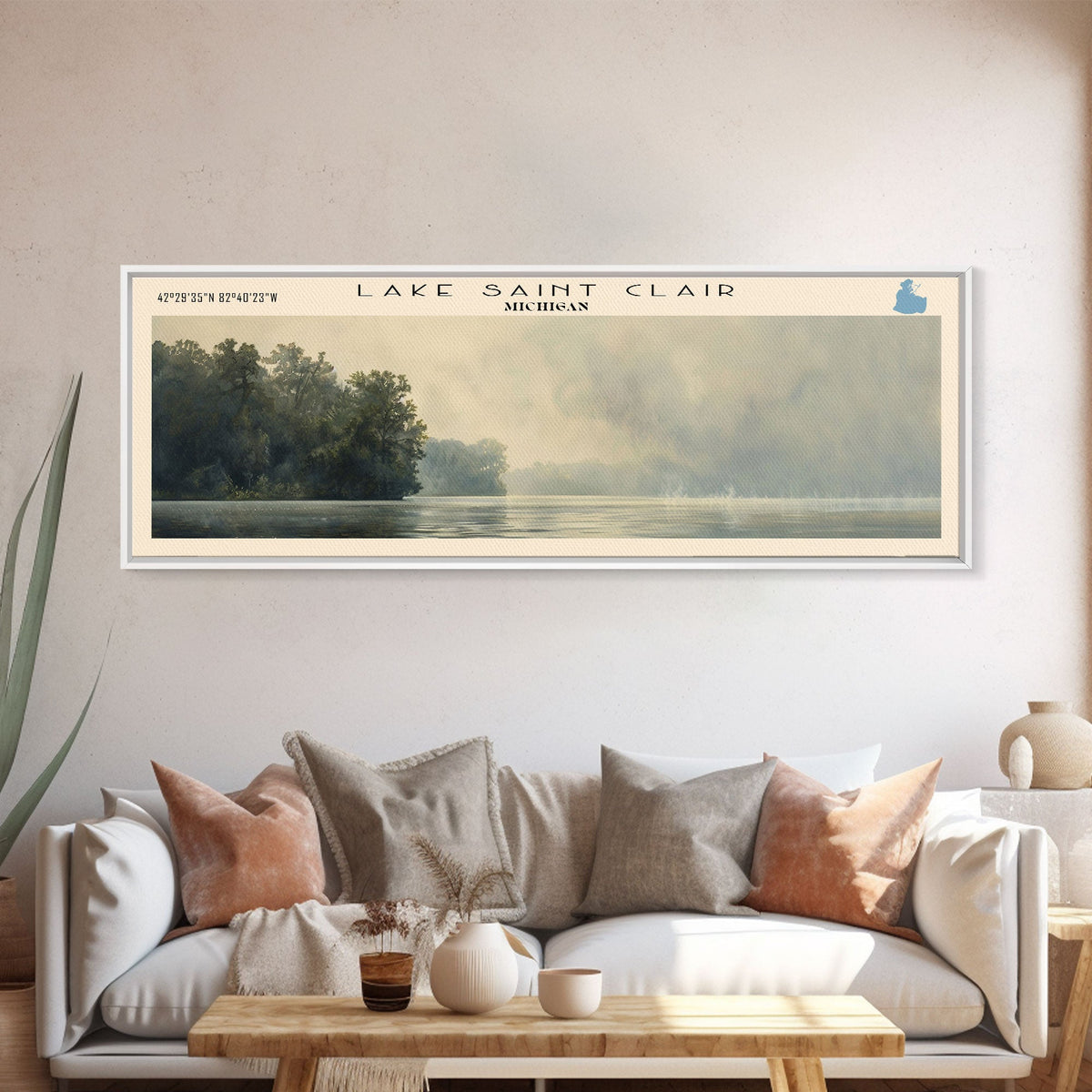 Lake Saint Clair, Boho Art, Travel Poster Art, Wall Art, Home Decor, Nature Scene, Lake Painting, Minimalist Art, Bedroom Decor, Landscape Painting, Travel Print, Framed Canvas Print, Lake House Decor, Panoramic Print