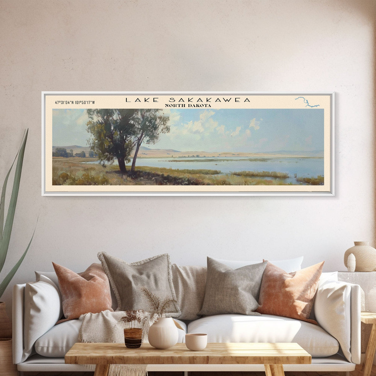 Lake Sakakawea, Boho Art, Beautiful Landscape, Travel Poster Art, Wall Art, Home Decor, Nature Scene, Lake Painting, Minimalist Art, Modern Art, Travel Print, Framed Canvas Print, Lake House Decor, Panoramic Print