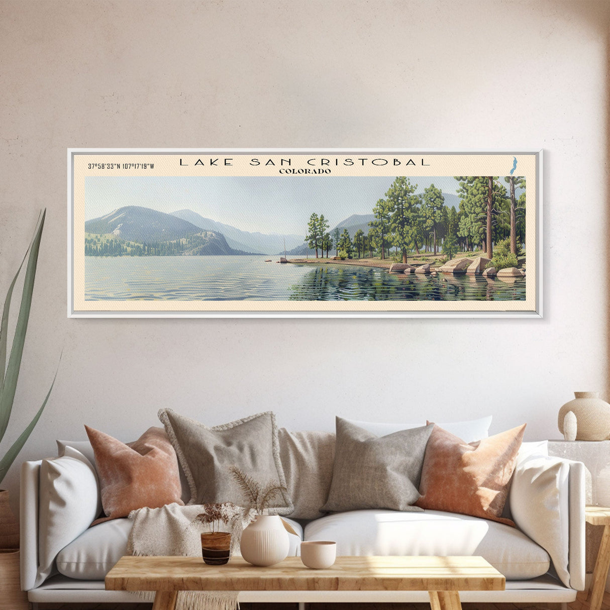 Lake San Cristobal, Boho Art, Beautiful Landscape, Travel Poster Art, Wall Art, Home Decor, Nature Scene, Lake Painting, Minimalist Art, Living Room Decor, Travel Print, Framed Canvas Print, Lake House Decor, Panoramic Print
