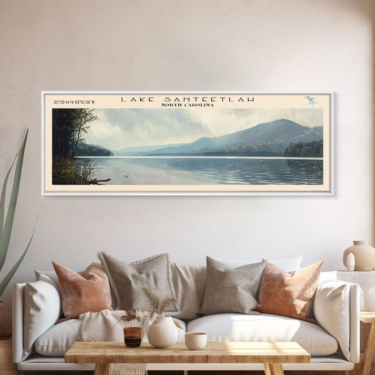 Lake Santeetlah, Boho Art, Serene Landscape, Travel Poster Art, Wall Art, Home Decor, Nature Scene, Lake Painting, Minimalist Art, Modern Art, Travel Print, Framed Canvas Print, Lake House Decor, Panoramic Print