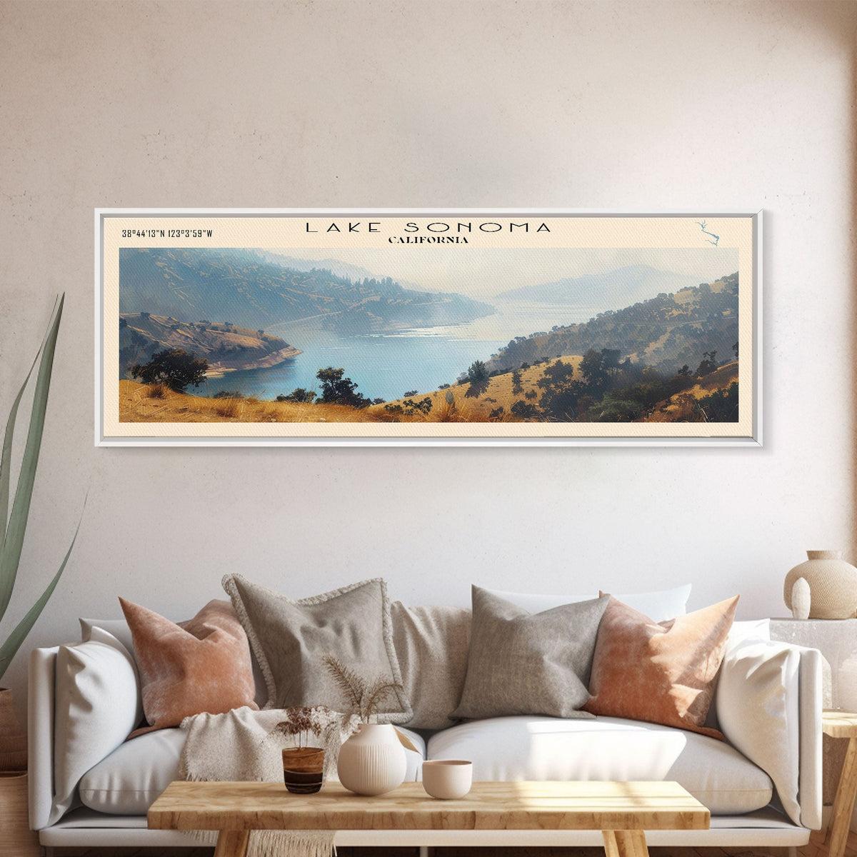 Lake Sonoma California Framed Canvas Print, Lake House Decor, Panoramic Wall Art, Travel Poster, Stunning Landscape Painting, Contemporary Art