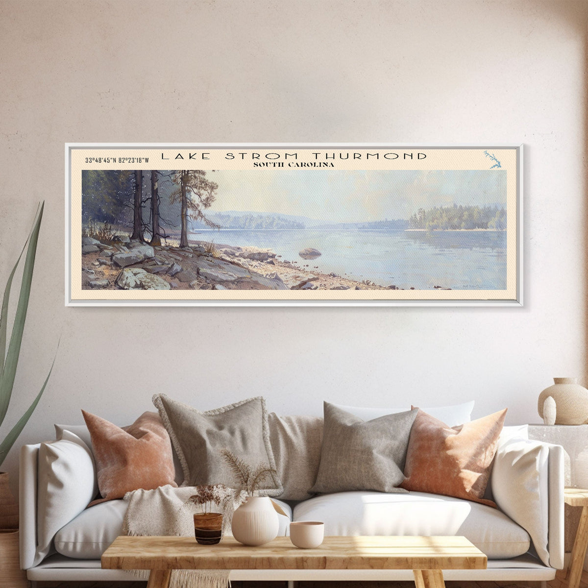 Lake Strom Thurmond South Carolina Framed Canvas Print, Lake House Decor, Panoramic Wall Art, Travel Poster, Serene Landscape Painting, Bedroom Decor