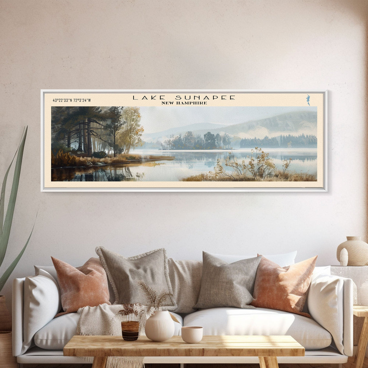 Lake Sunapee New Hampshire Framed Canvas Print, Lake House Decor, Panoramic Wall Art, Travel Poster, Scenic Landscape Painting, Living Room Decor