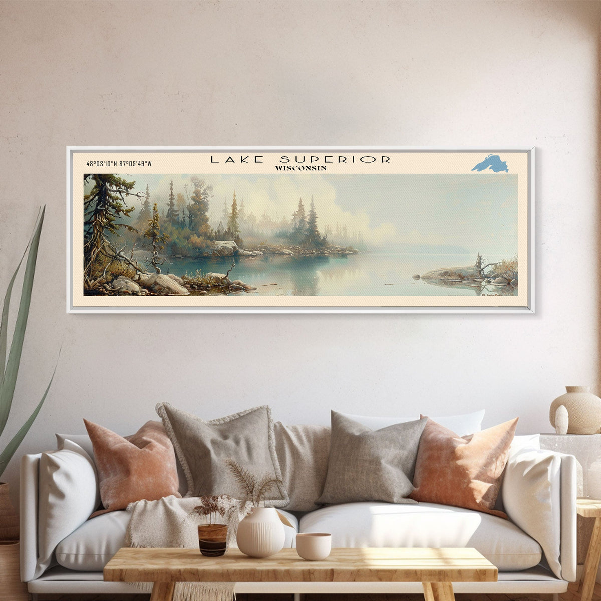 Lake Superior Framed Canvas Print, Lake House Decor, Panoramic Wall Art, Travel Poster, Beautiful Landscape Painting, Modern Art
