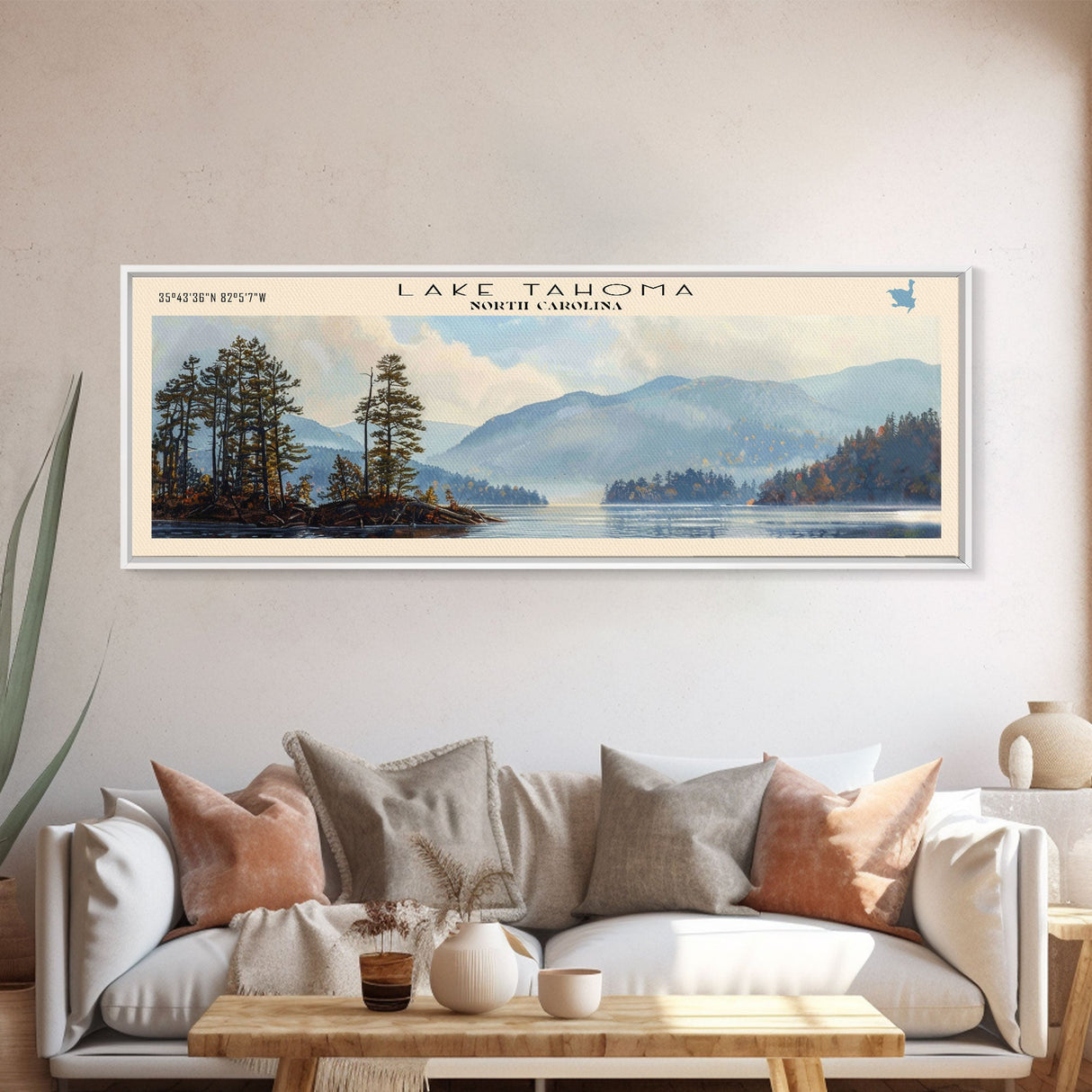 Lake Tahoma North Carolina Framed Canvas Print, Lake House Decor, Panoramic Wall Art, Travel Poster, Serene Landscape Painting, Rustic Art