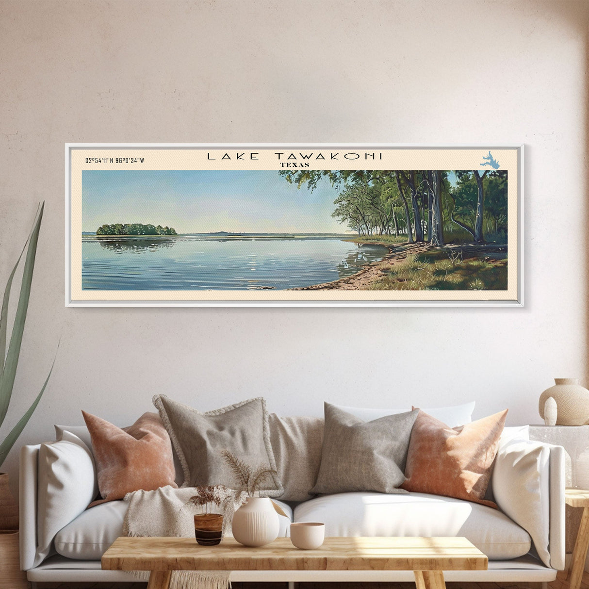 Lake Tawakoni Texas Framed Canvas Print, Lake House Decor, Panoramic Wall Art, Travel Poster, Stunning Landscape Painting, Bedroom Decor