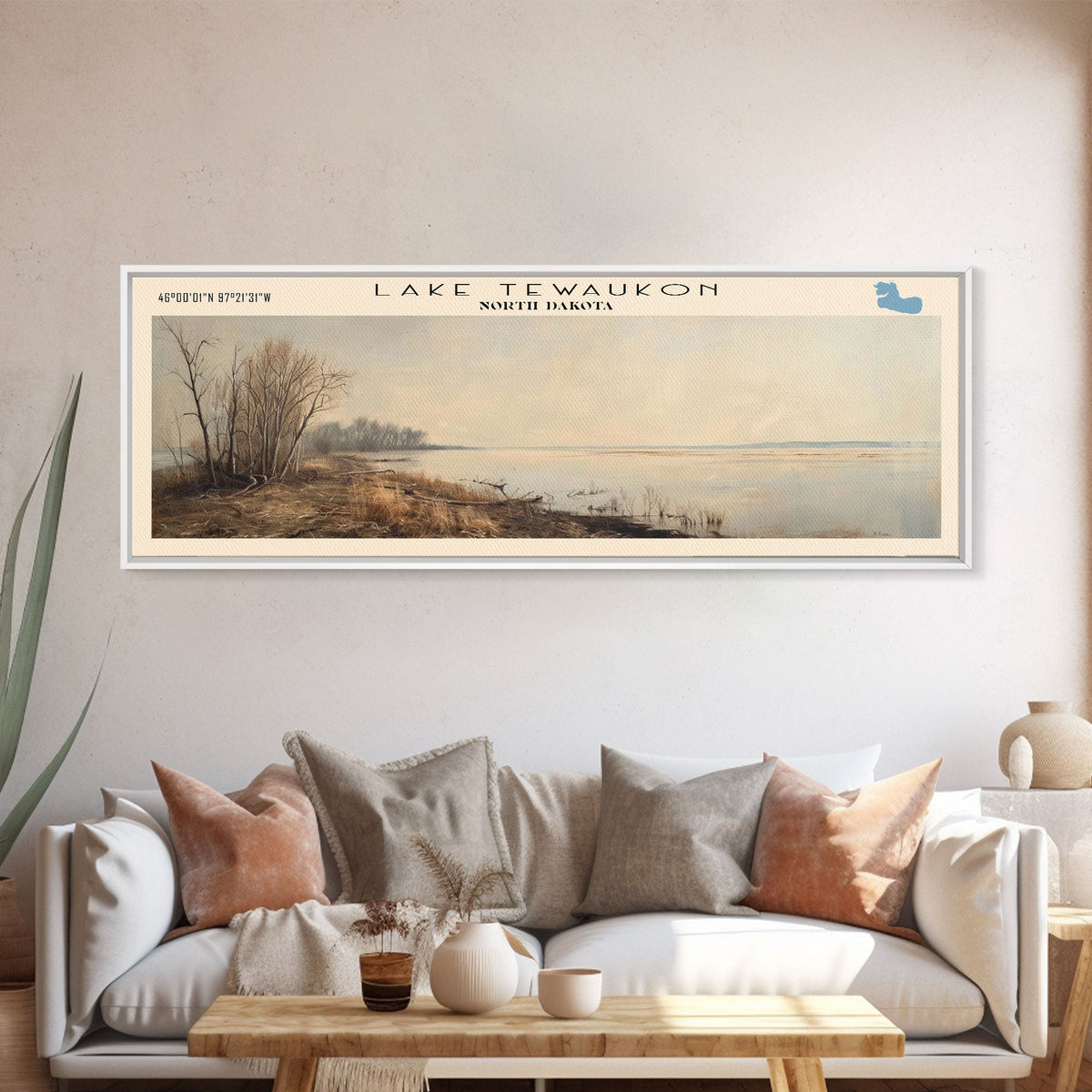 Lake Tewaukon North Dakota Framed Canvas Print, Lake House Decor, Panoramic Wall Art, Travel Poster, Scenic Landscape Painting, Contemporary Art