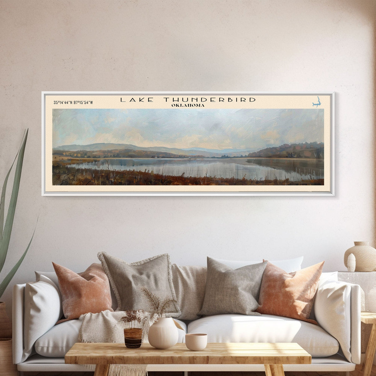 Lake Thunderbird Oklahoma Framed Canvas Print, Lake House Decor, Panoramic Wall Art, Travel Poster, Scenic Landscape Painting, Bedroom Decor