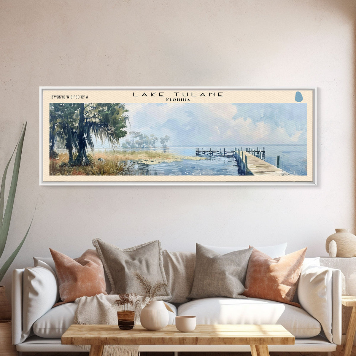 Lake Tulane Florida Framed Canvas Print, Lake House Decor, Panoramic Wall Art, Travel Poster, Landscape Painting, Bedroom Decor