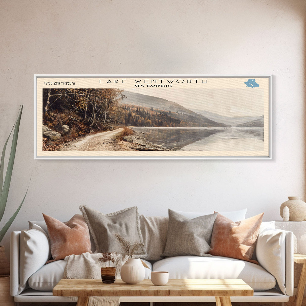 Lake Wentworth New Hampshire Framed Canvas Print, Lake House Decor, Panoramic Wall Art, Travel Poster, Scenic Landscape Painting, Rustic Art