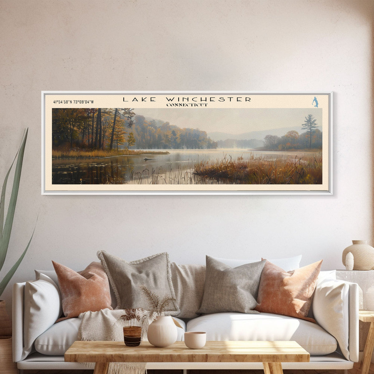 Lake Winchester Connecticut Framed Canvas Print, Lake House Decor, Panoramic Wall Art, Travel Poster, Landscape Painting, Contemporary Art