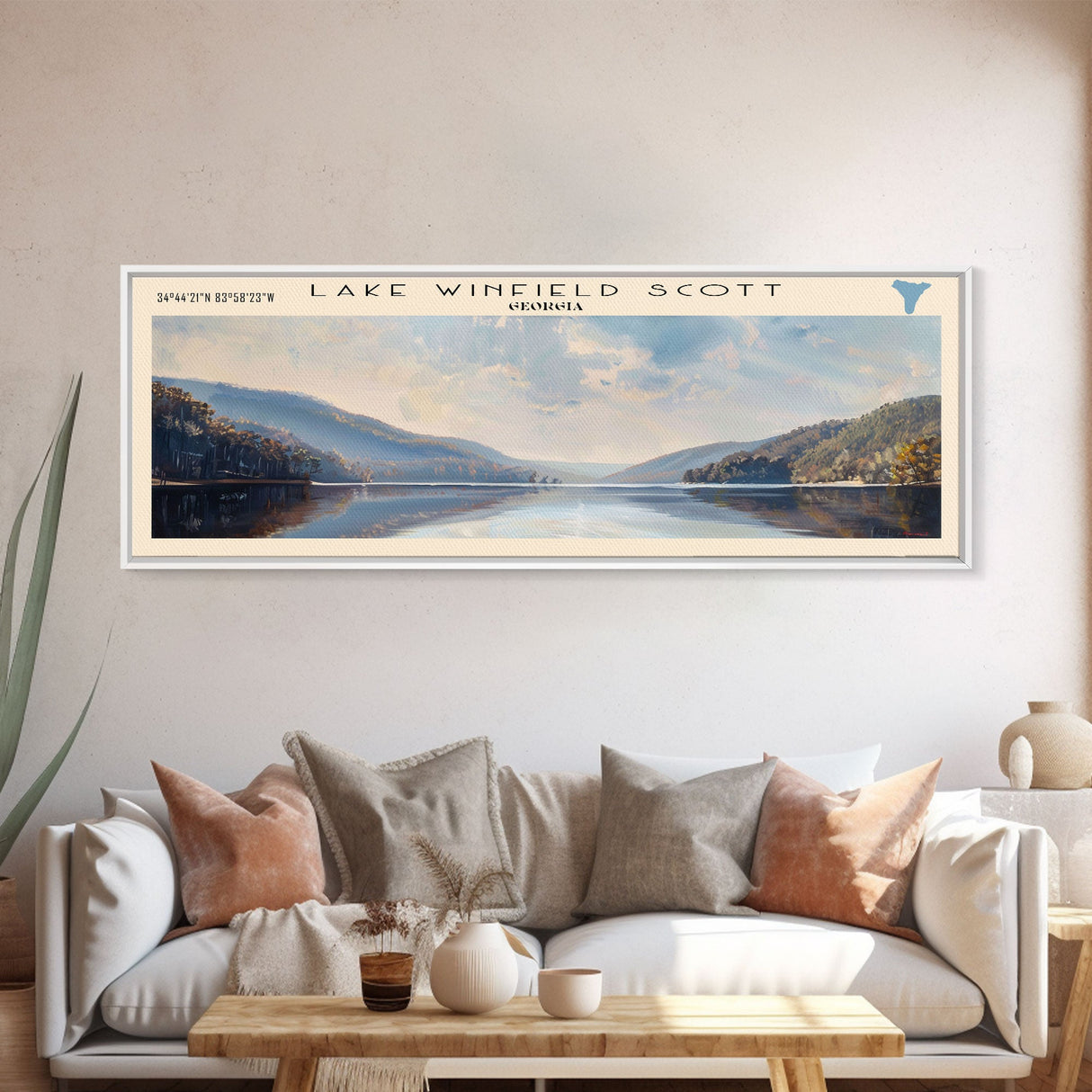 Lake Winfield Scott Georgia Framed Canvas Print, Lake House Decor, Panoramic Wall Art, Travel Poster, Scenic Landscape Painting, Rustic Art
