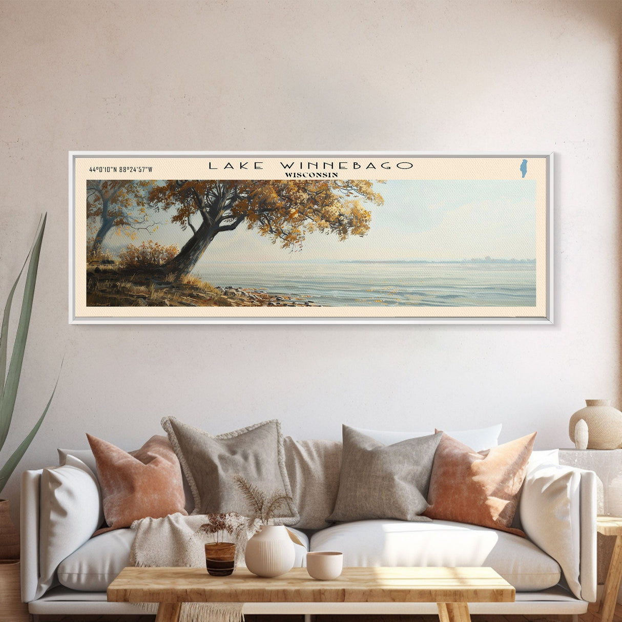 Lake Winnebago Framed Canvas Print, Lake House Decor, Panoramic Wall Art, Travel Poster, Beautiful Landscape Painting, Living Room Decor