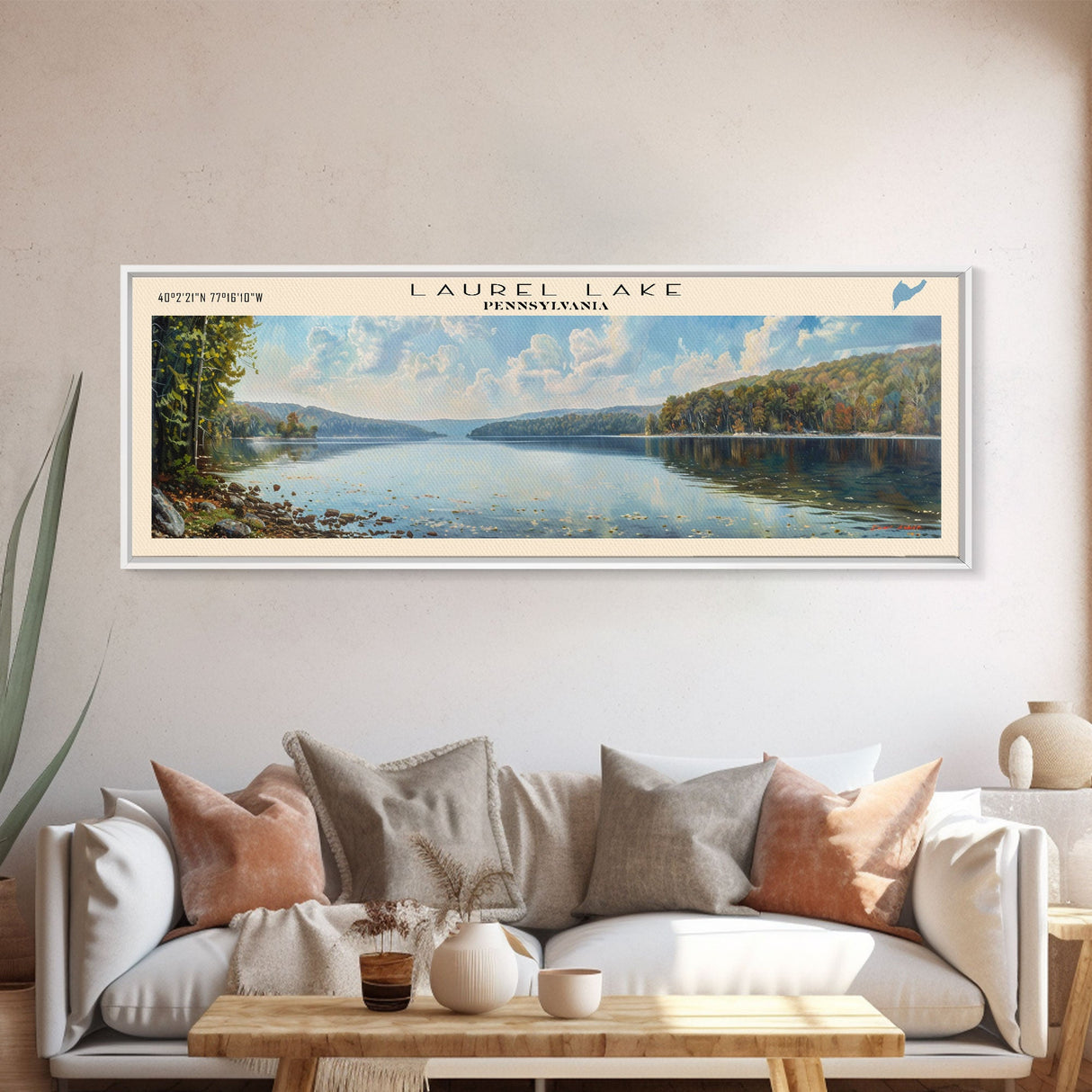 Laurel Lake Pennsylvania Framed Canvas Print, Lake House Decor, Panoramic Wall Art, Travel Poster, Landscape Painting, Bedroom Decor