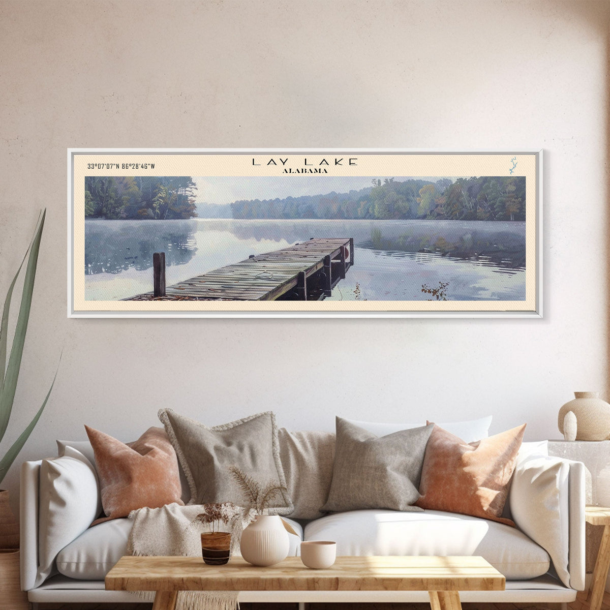 Lay Lake Alabama Framed Canvas Print, Lake House Decor, Panoramic Wall Art, Travel Poster, Beautiful Landscape Painting, Modern Art