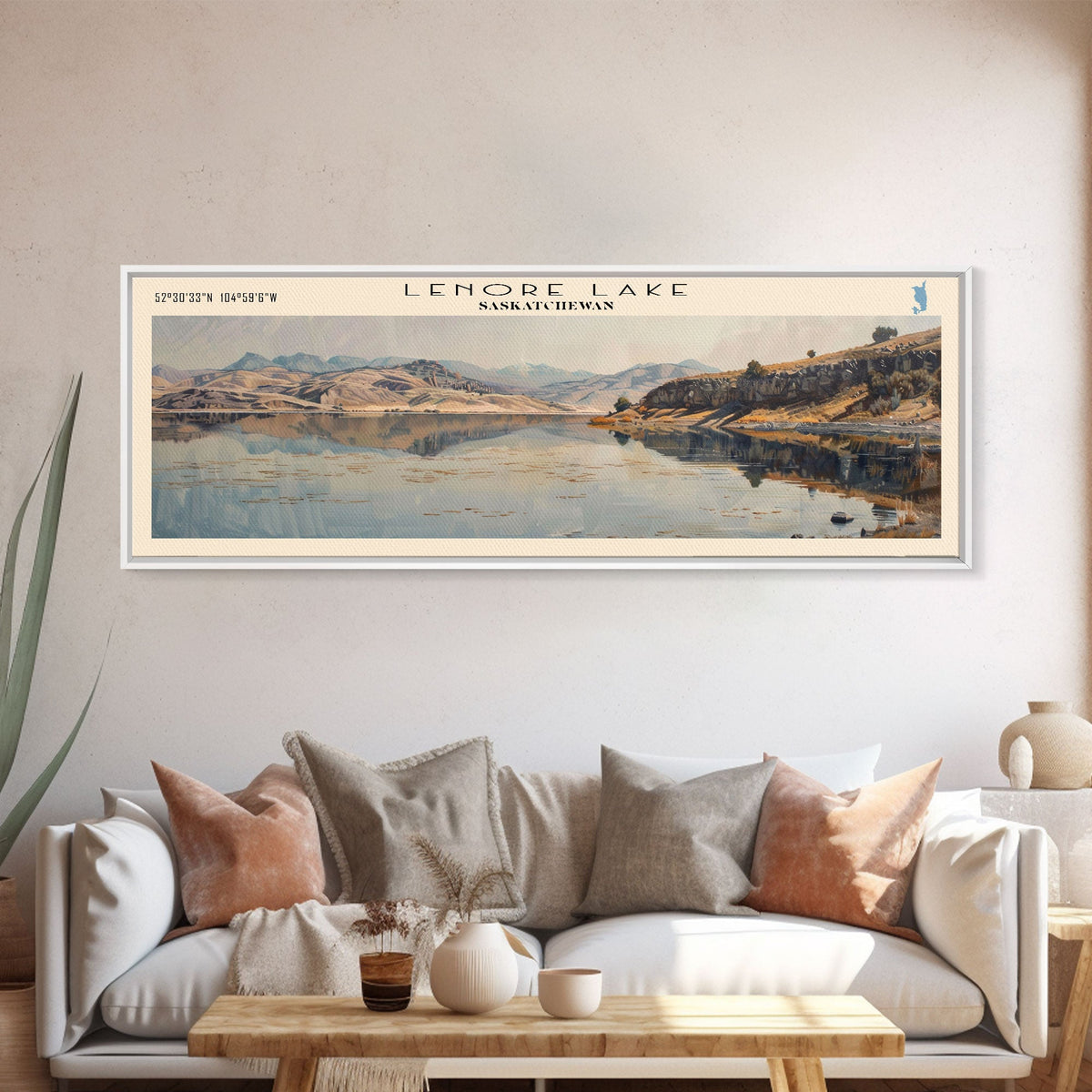Lenore Lake Framed Canvas Print, Lake House Decor, Panoramic Wall Art, Travel Poster, Landscape Painting, Bedroom Decor