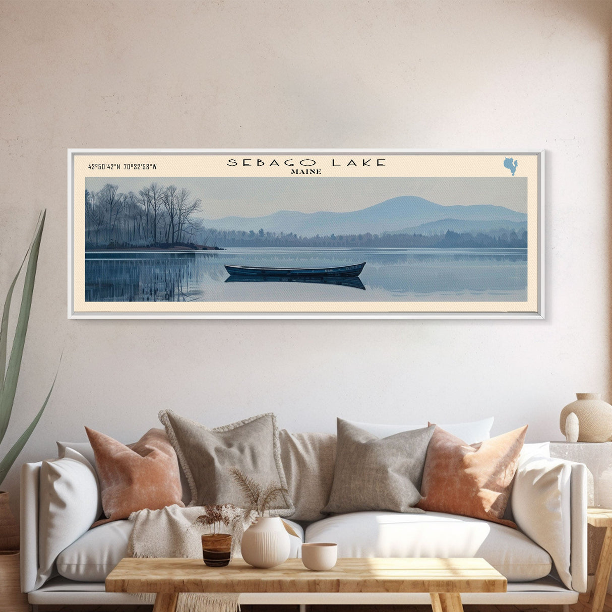 Sebago Lake Framed Canvas Print, Lake House Decor, Panoramic Wall Art, Travel Poster, Scenic Lake Scene, Living Room Decor