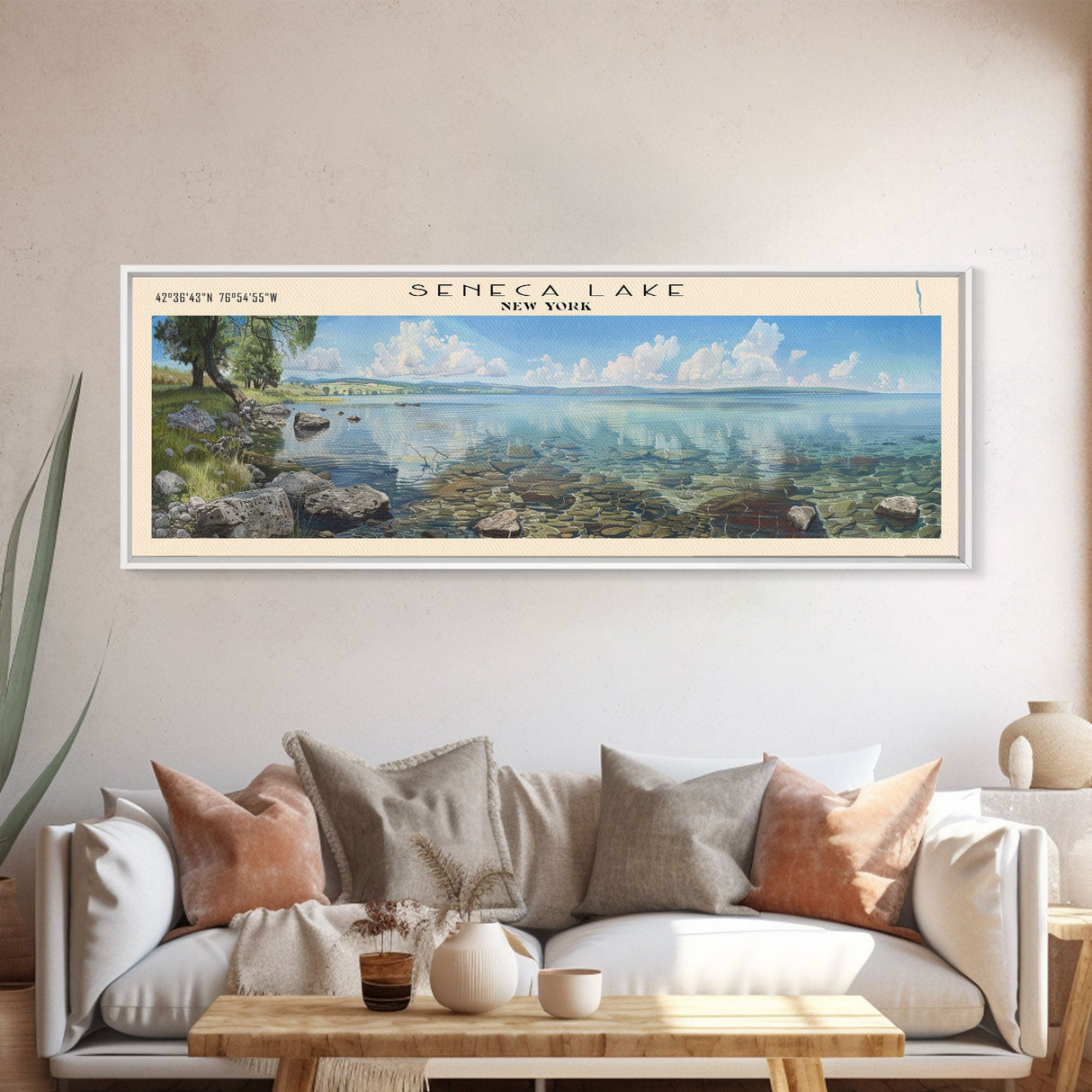 Seneca Lake New York Panoramic Framed Canvas Print, Lake House Decor, Wall Art, Travel Poster, Serene Lake Scene, Bedroom Decor