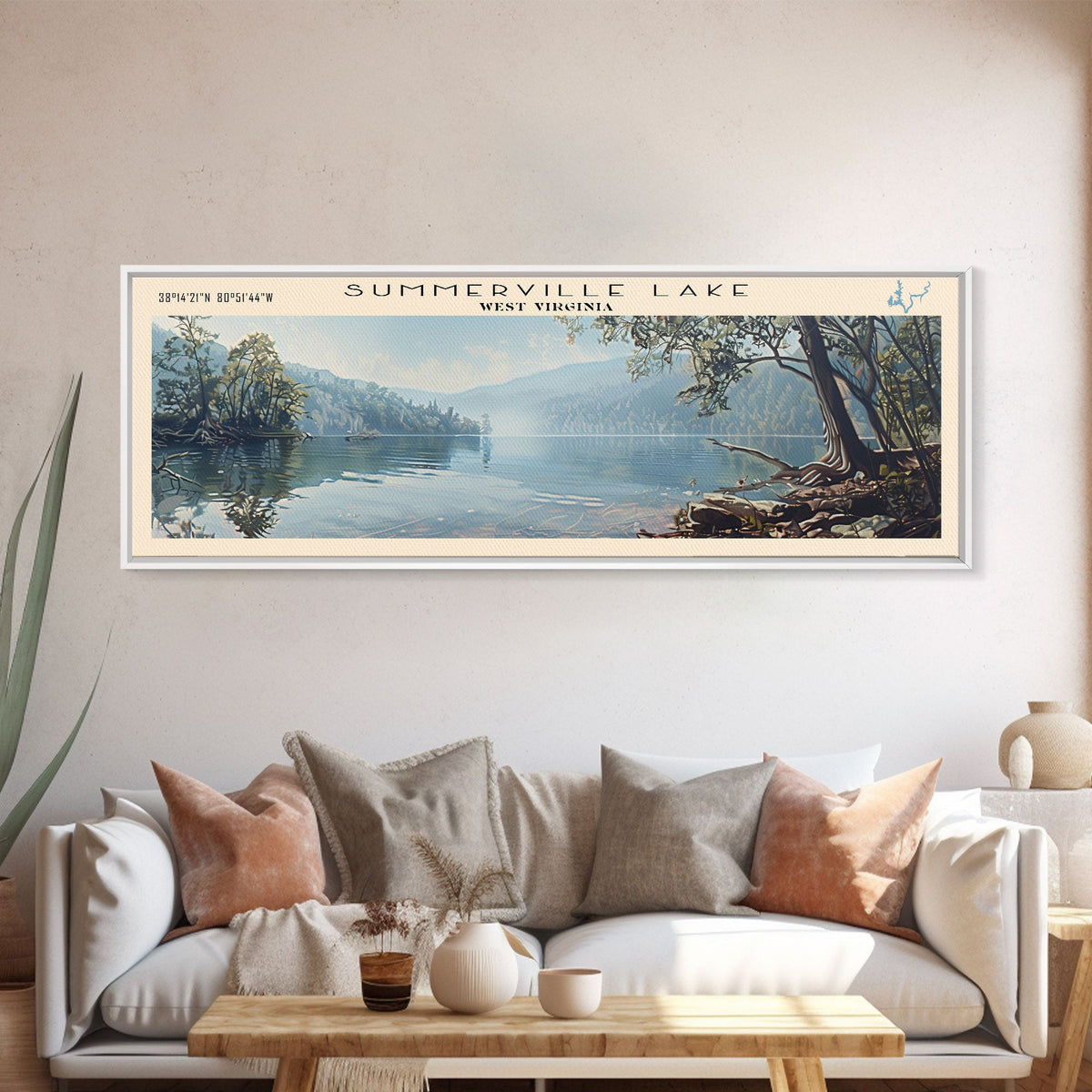 Summerville Lake West Virginia Panoramic Wall Art, Framed Canvas Print, Lake House Decor, Travel Poster, Scenic Lake Painting, Living Room Decor