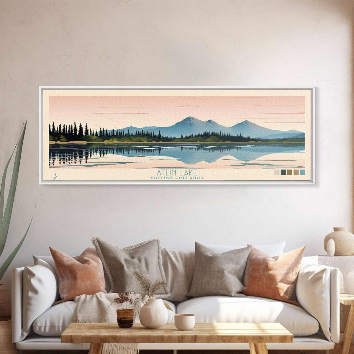 Atlin Lake British Columbia Framed Canvas Print, Panoramic Travel Poster, Midcentury Modern Wall Art, Pop Art, Bedroom Decor