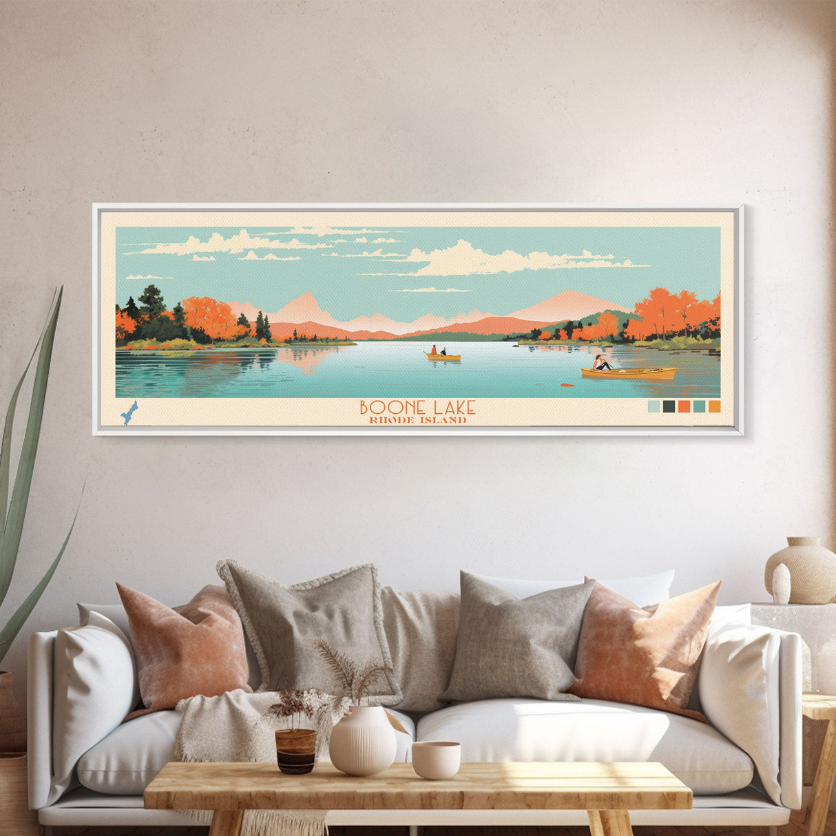 Boone Lake Rhode Island Framed Canvas Print, Panoramic Travel Poster, Midcentury Modern Wall Art, Pop Art, Nature Bedroom Decor, Scenic Lake House Art