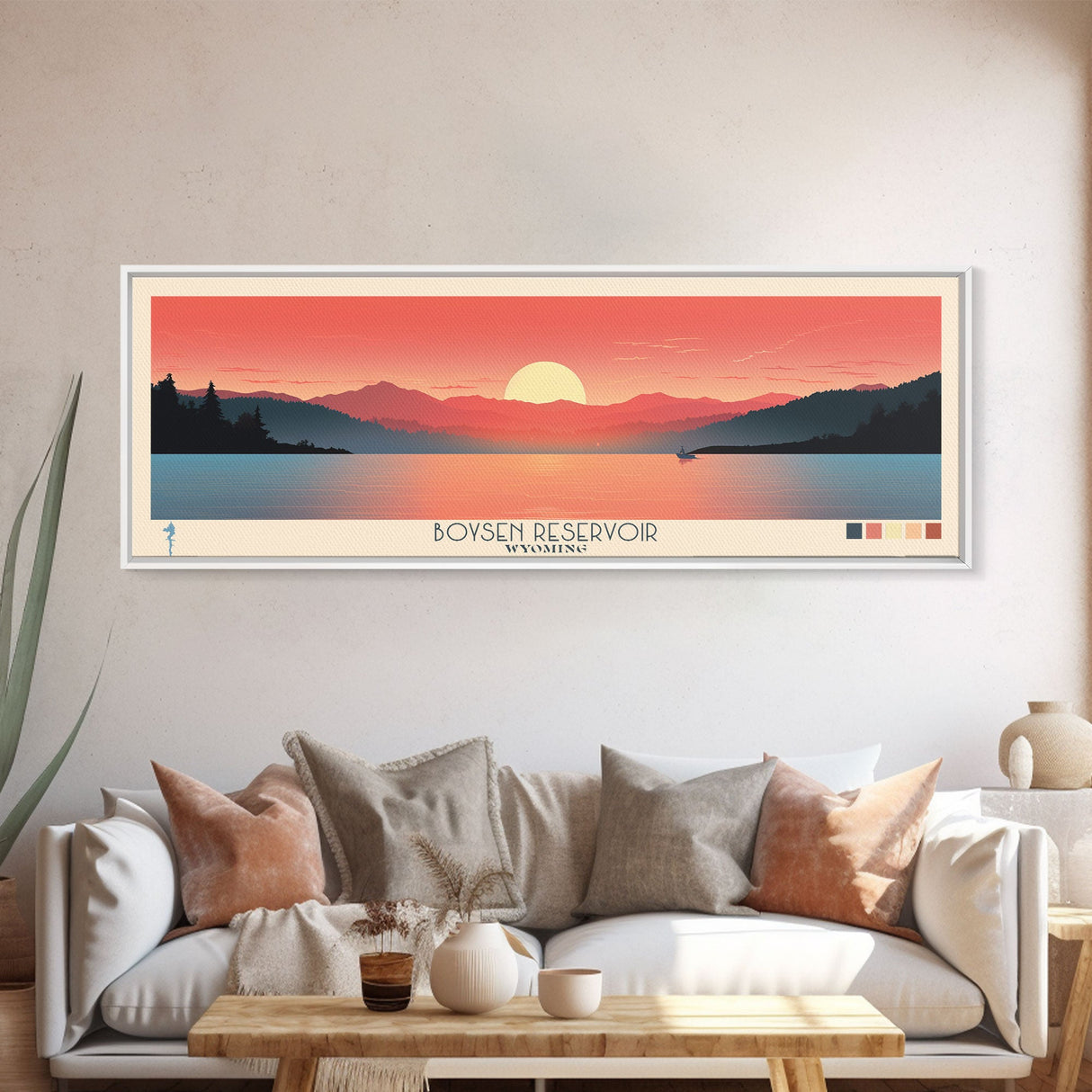 Boysen Reservoir Wyoming Framed Canvas Print, Panoramic Travel Poster, Midcentury Modern Wall Art, Pop Art, Nature Bedroom Decor, Scenic Lake House Art