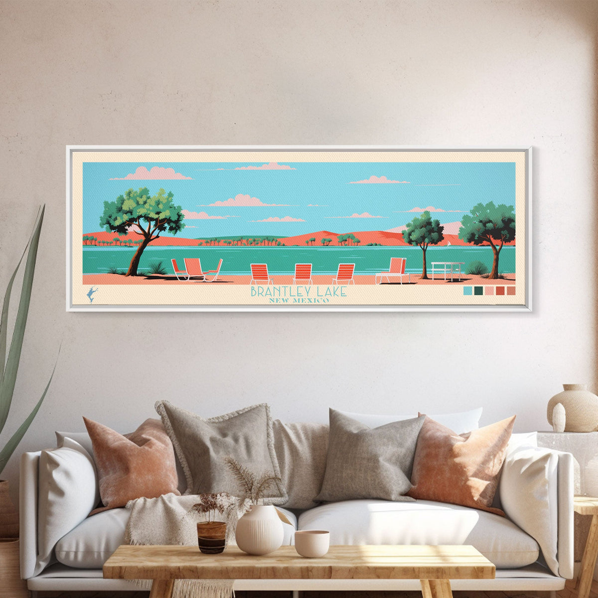 Brantley Lake New Mexico Framed Canvas Print, Midcentury Modern Panoramic Wall Art, Living Room Decor, Pop Art, Travel Poster Art, Scenic Nature Painting