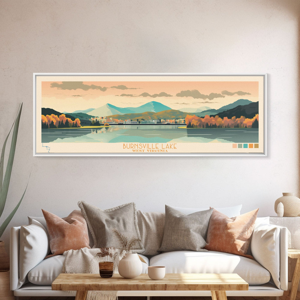 Burnsville Lake West Virginia Framed Canvas Print, Midcentury Modern Panoramic Wall Art, Living Room Decor, Pop Art, Travel Poster Art, Scenic Nature Painting