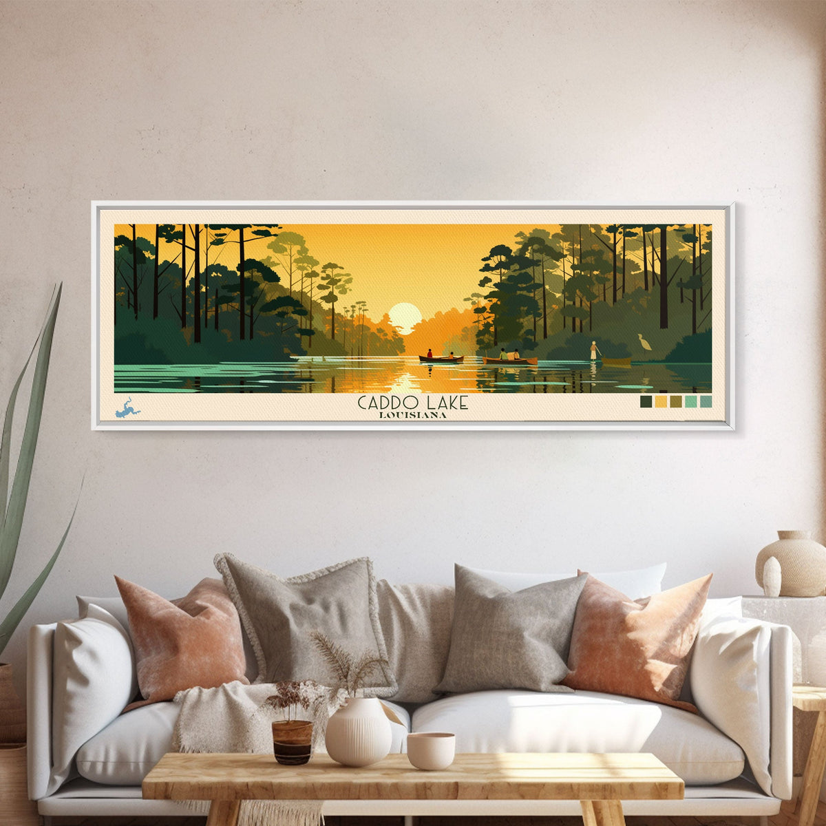 Caddo Lake Louisiana Framed Canvas Print, Pop Art Panoramic Travel Poster, Midcentury Modern, Wall Art, Scenic Nature Painting, Bedroom Decor