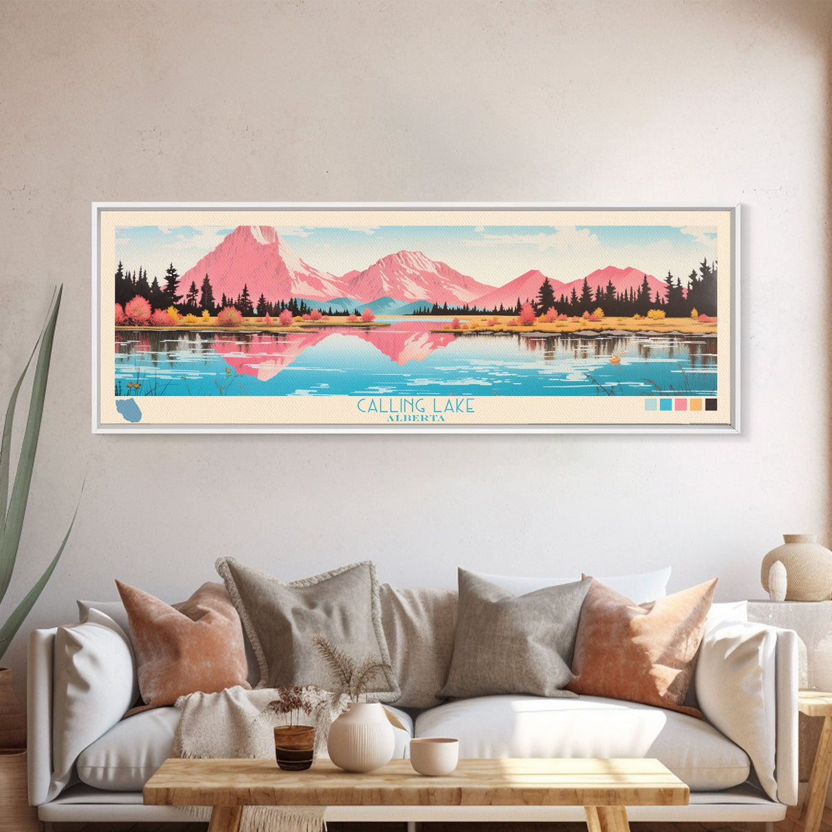 Calling Lake Alberta Framed Canvas Print, Midcentury Modern Panoramic Wall Art, Living Room Decor, Pop Art, Travel Poster Art, Scenic Nature Painting