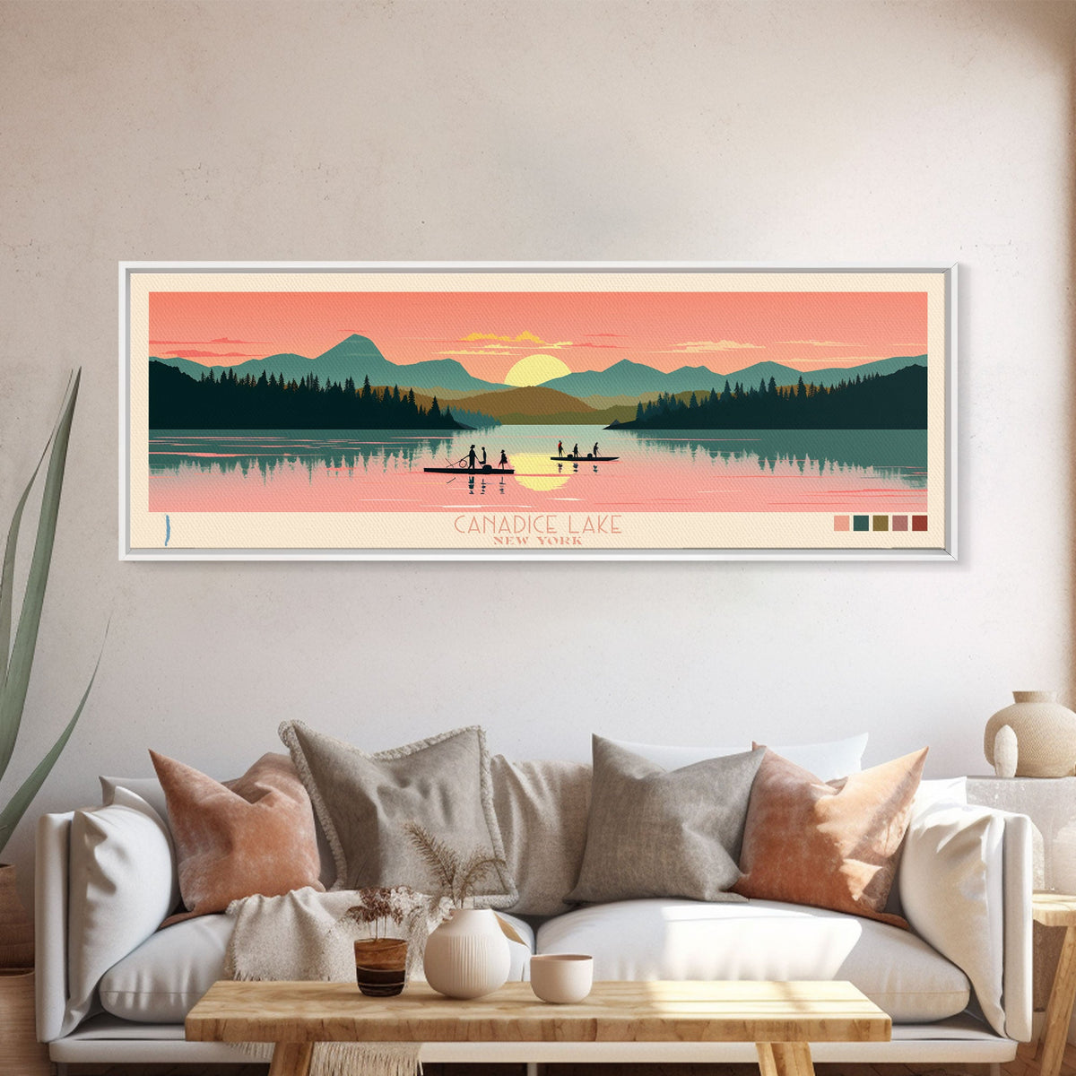 Canadice Lake New York Framed Canvas Print, Pop Art Panoramic Travel Poster, Midcentury Modern, Wall Art, Scenic Nature Painting, Bedroom Decor