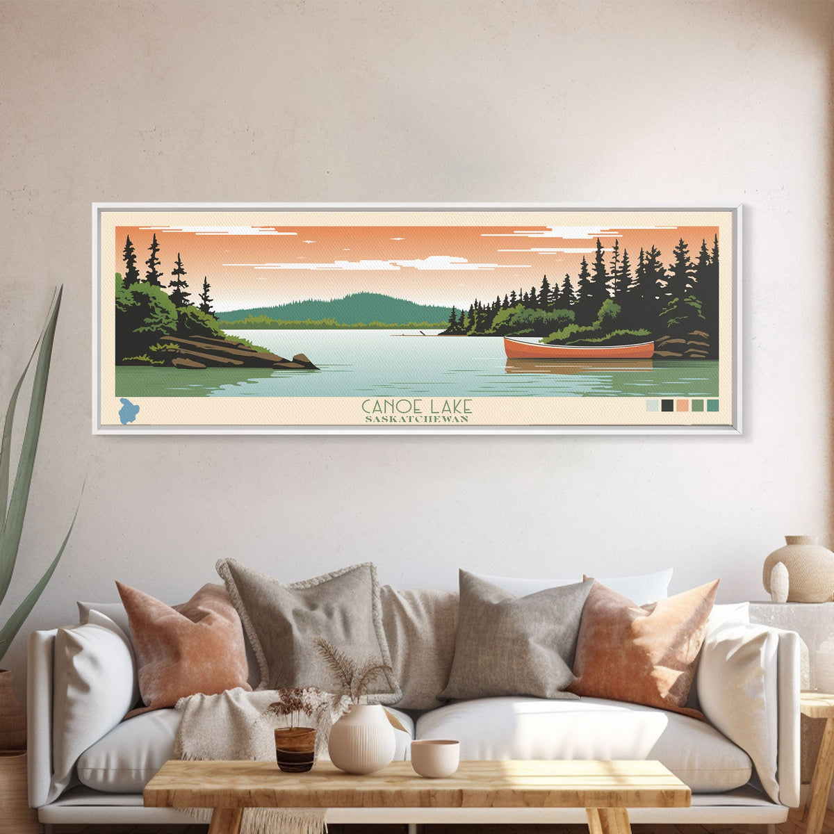 Canoe Lake Saskatchewan Framed Canvas Print, Midcentury Modern Panoramic Wall Art, Living Room Decor, Pop Art, Travel Poster Art, Scenic Nature Painting