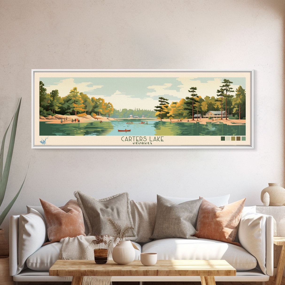 Carters Lake Georgia Framed Canvas Print, Pop Art Panoramic Travel Poster, Midcentury Modern, Wall Art, Scenic Nature Painting, Bedroom Decor, Living Room Art