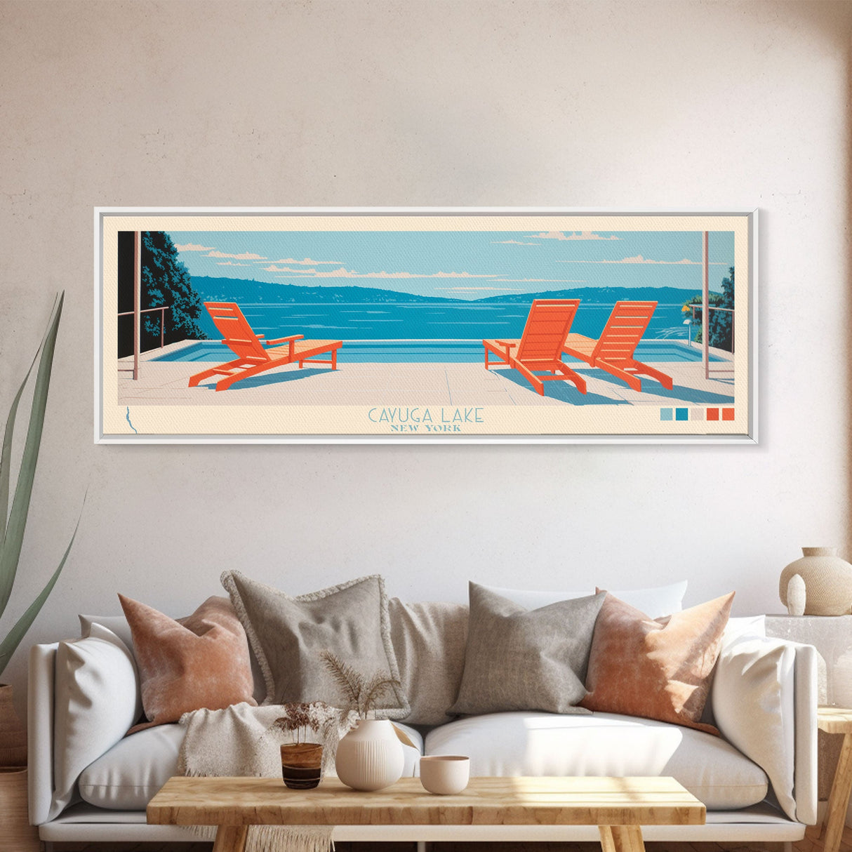 Cayuga Lake New York Framed Canvas Print, Pop Art Panoramic Travel Poster, Midcentury Modern, Wall Art, Scenic Nature Painting, Bedroom Decor, Living Room Art