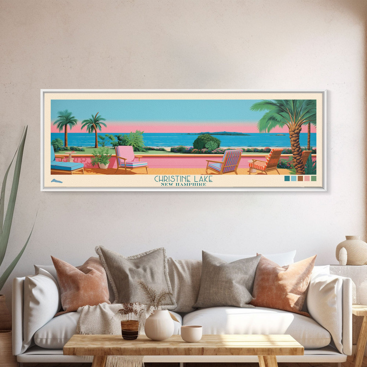 Christine Lake New Hamphire Framed Canvas Print, Pop Art Panoramic Travel Poster, Midcentury Modern, Wall Art, Scenic Nature Painting, Bedroom Decor, Living Room Art