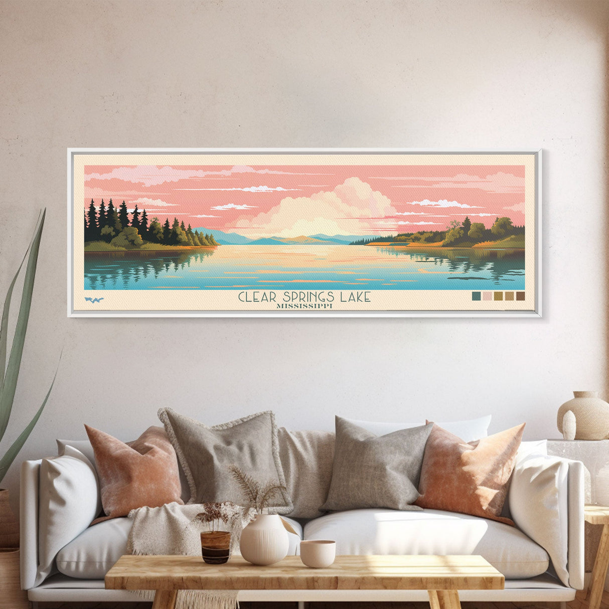 Clear Springs Lake Mississippi Framed Canvas Print, Pop Art Panoramic Travel Poster, Midcentury Modern, Wall Art, Scenic Nature Painting, Bedroom Decor, Living Room Art