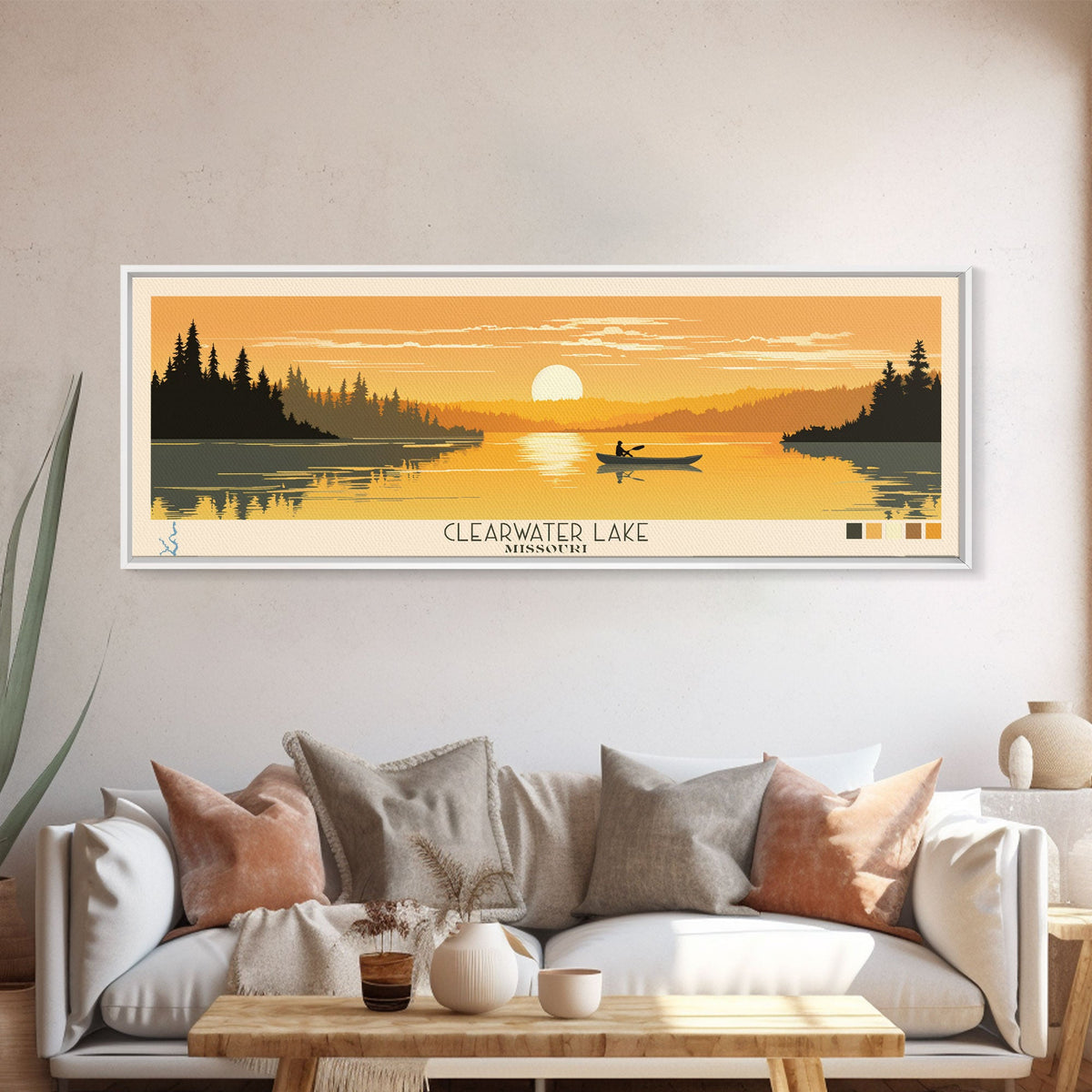 Clearwater Lake Missouri Framed Canvas Print, Pop Art Panoramic Travel Poster, Midcentury Modern, Wall Art, Scenic Nature Painting, Bedroom Decor, Living Room Art
