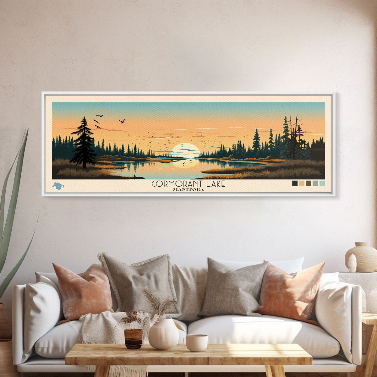 Cormorant Lake Manitoba Framed Canvas Print, Pop Art Panoramic Travel Poster, Midcentury Modern, Wall Art, Scenic Nature Painting, Bedroom Decor, Living Room Art