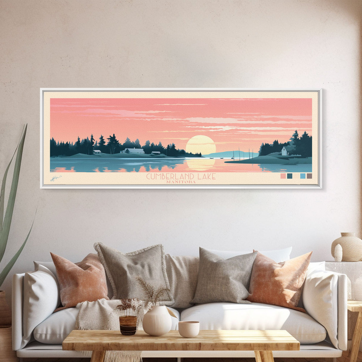 Cumberland Lake Manitoba Framed Canvas Print, Midcentury Modern Panoramic Wall Art, Living Room Decor, Pop Art, Travel Poster Art, Scenic Nature Painting