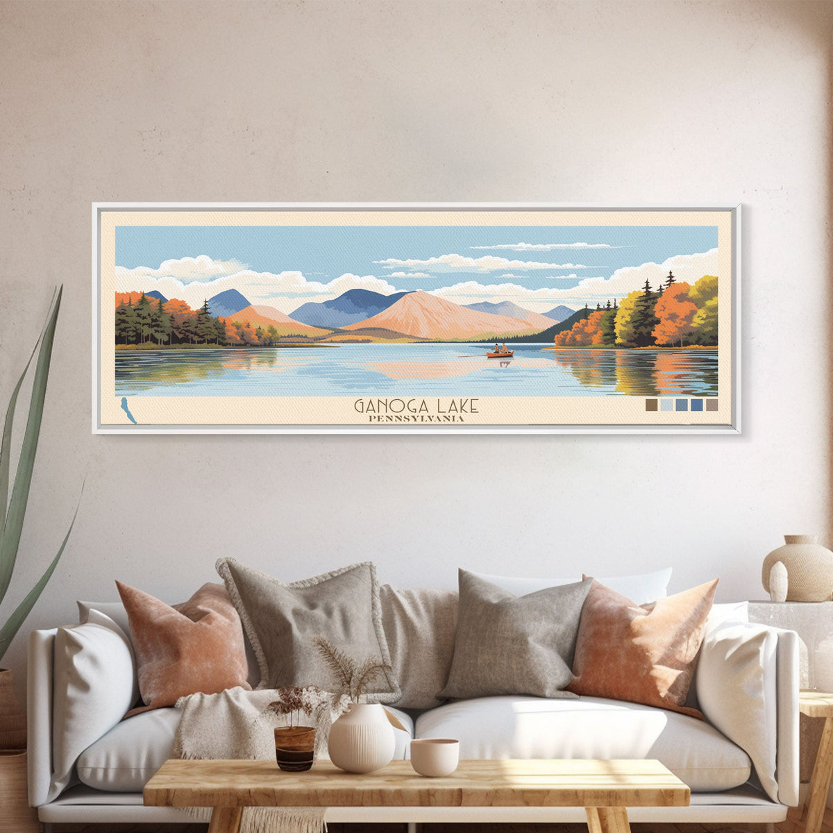Ganoga Lake Pennsylvania Framed Canvas Print, Panoramic Art, Midcentury Modern, Pop Art, Living Room Wall Art, Travel Poster, Nature Painting, Home Decor