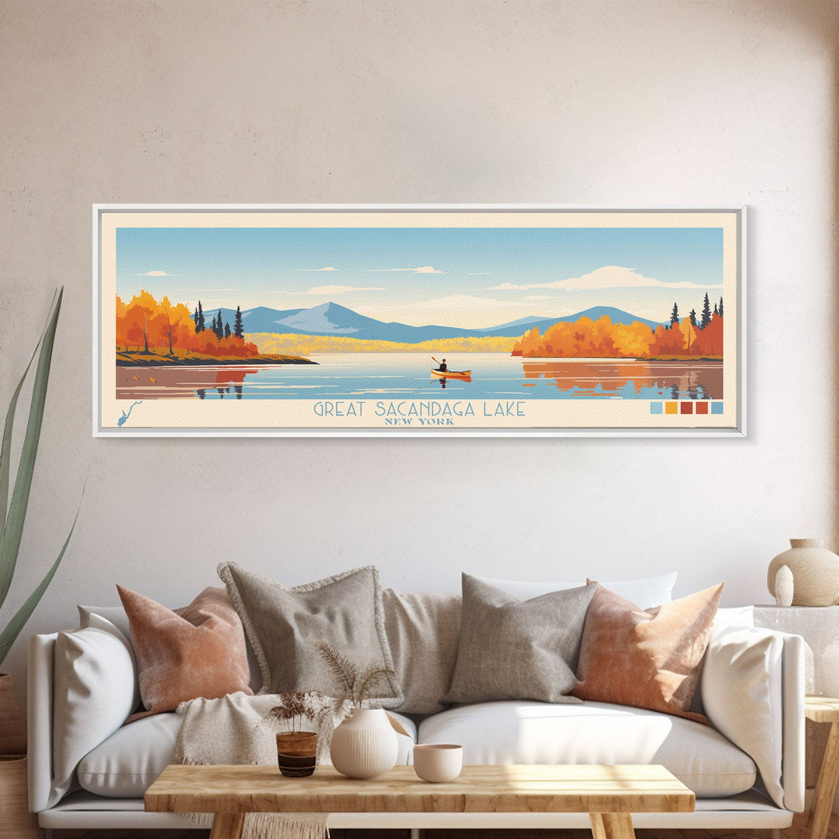 Great Sacandaga Lake New York Framed Canvas Print, Panoramic Art, Midcentury Modern, Pop Art, Bedroom Decor, Travel Poster, Lake House Art, Home Decor