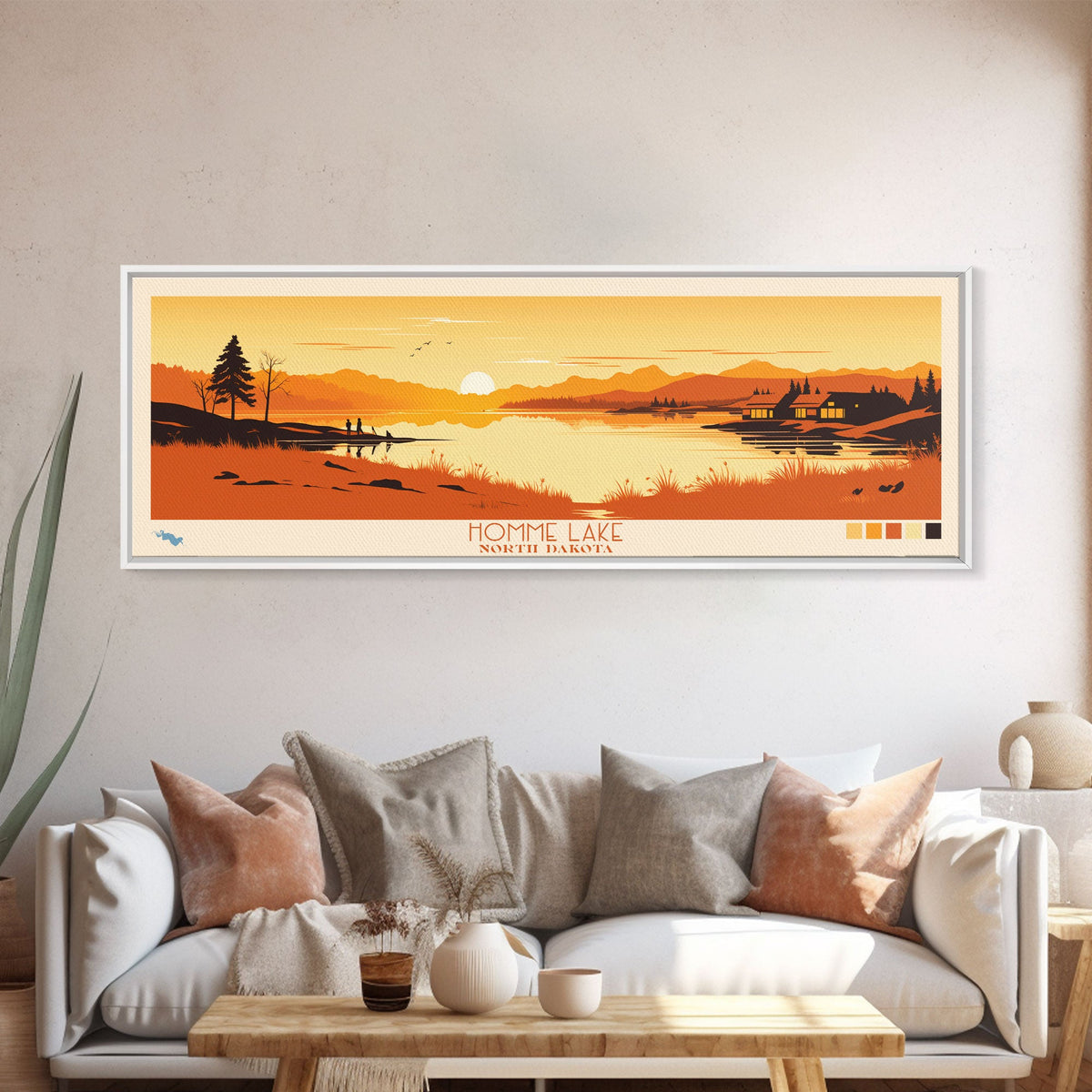Homme Lake North Dakota Framed Canvas Print, Panoramic Wall Art, Midcentury Modern, Pop Art, Bedroom Decor, Travel Poster, Artistic Home Decor