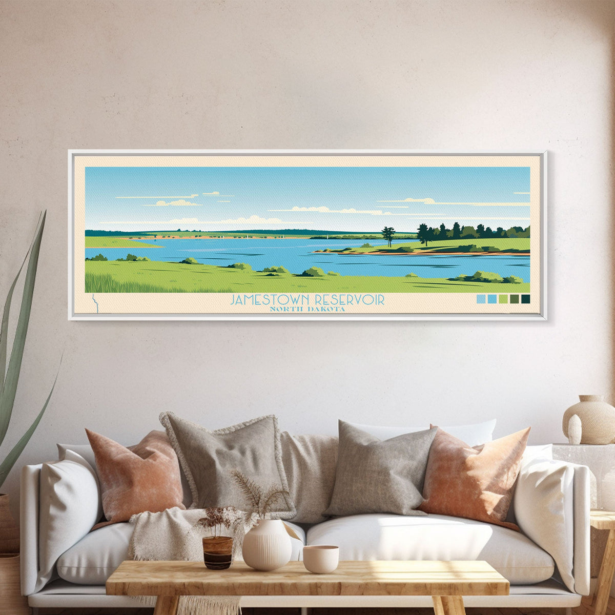 Jamestown Reservoir North Dakota Framed Canvas Print, Panoramic Art, Midcentury Modern, Pop Art, Living Room Decor, Travel Poster, Artistic Home Decor