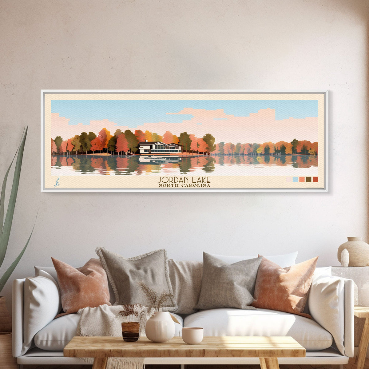 Jordan Lake North Carolina Framed Canvas Print, Panoramic Art, Midcentury Modern, Pop Art, Lake House Decor, Travel Poster, Living Room Art