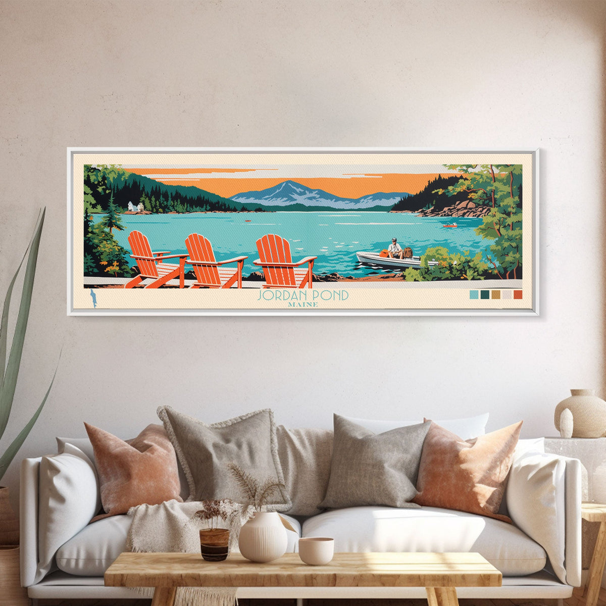 Jordan Pond Maine Framed Canvas Print, Panoramic Wall Art, Midcentury Modern, Pop Art, Bedroom Decor, Travel Poster, Artistic Home Decor