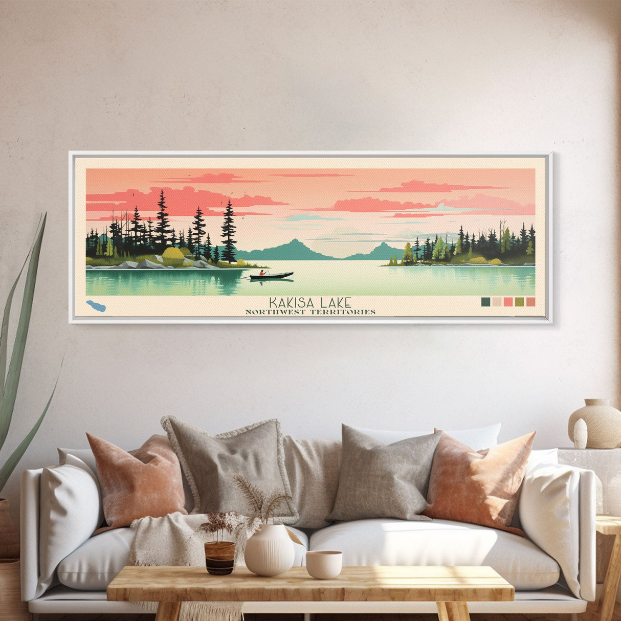 Kakisa Lake Northwest Territories Framed Canvas Print, Panoramic Art, Midcentury Modern, Pop Art, Living Room Decor, Travel Poster, Lake House Decor